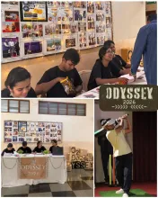 The Odyssey 2026 student organising team at the registration desk, and a participant playing a virtual reality game