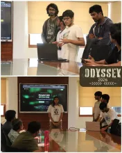 A student team presenting their project to the judges, and another team demonstrating an AI mock-interview tool on a large screen