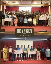 Group photograph of Odyssey 2026 participants and faculty on stage, and the winning teams holding their prize cheques